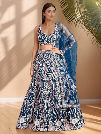 Astonishing Blue Sequins Net Party Wear Lehenga Choli With Dupatta